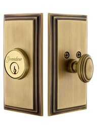 Grandeur Single-Cylinder Deadbolt with Carre Plates Keyed Alike in Antique Brass.